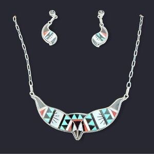 Geometric Silver and Turquoise Necklace and Earring Set